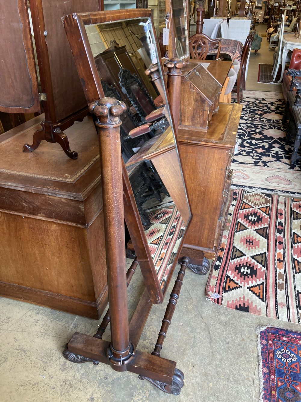 An early Victorian mahogany cheval mirror, width 76cm, height 136cm